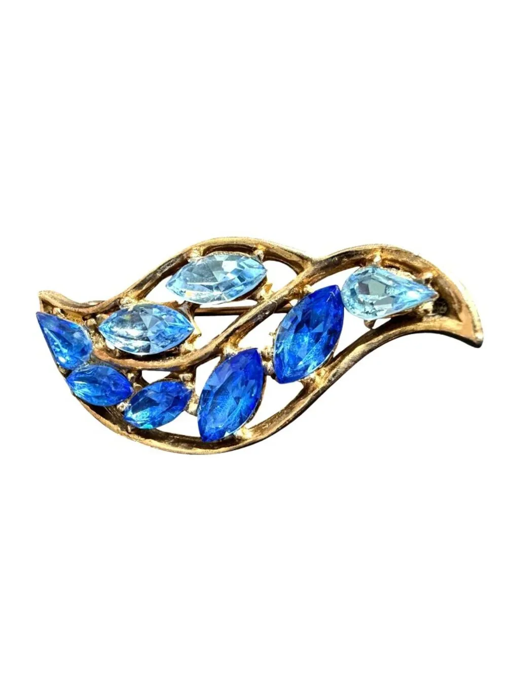 Vintage Blue Marquise Rhinestone Leaf Brooch – Gold‑Tone Mid‑Century Costume Jew